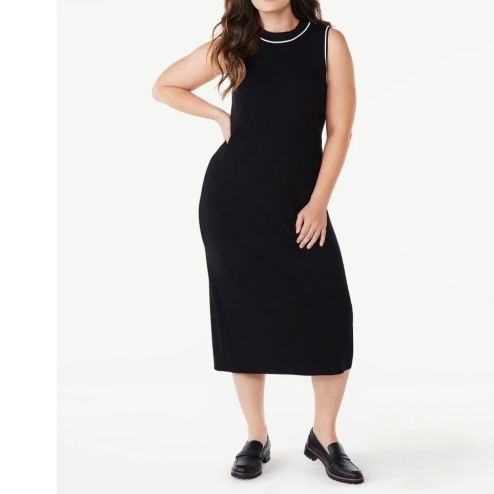 Free Assembly Ribbed Midi Sweater Dress Women’s XL Black White Trim Sleeveless